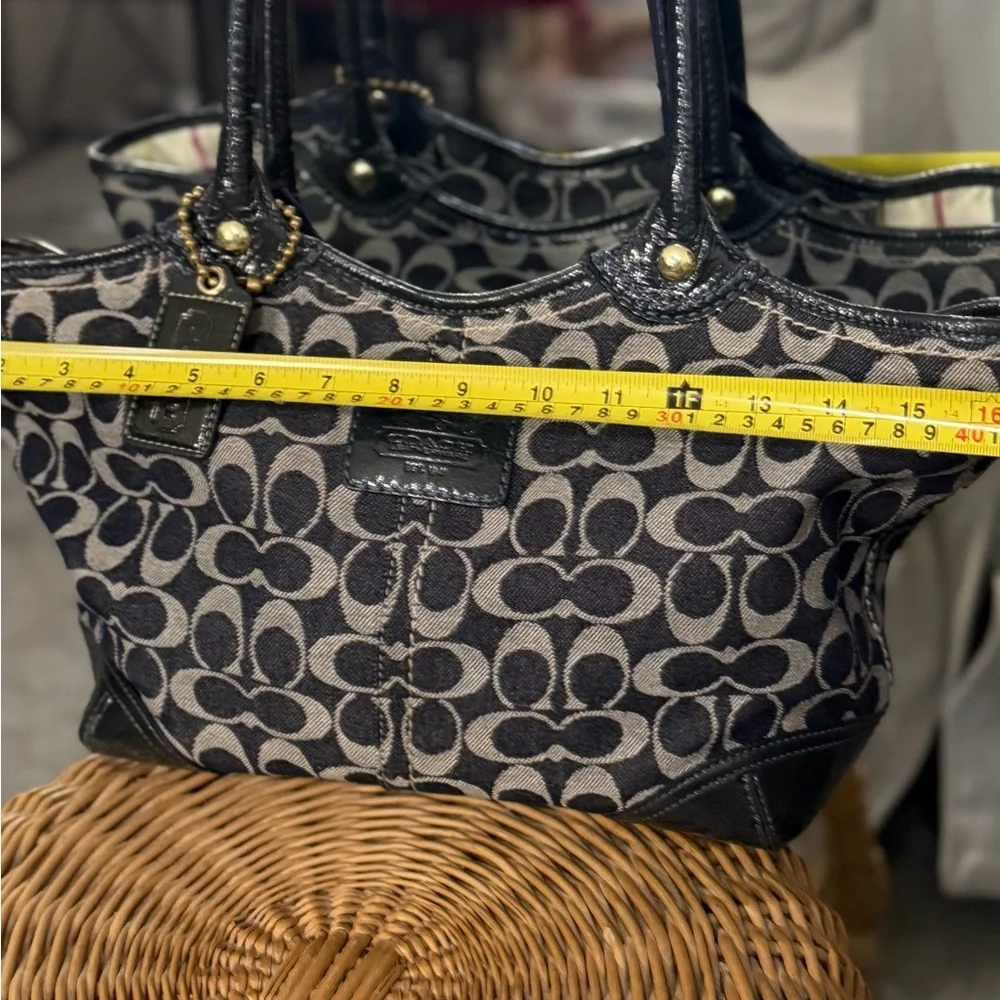 Coach Bleecker Signature Canvas Jacquard Tote Bag Navy Leather Trim Vintage Y2K - Picture 4 of 15